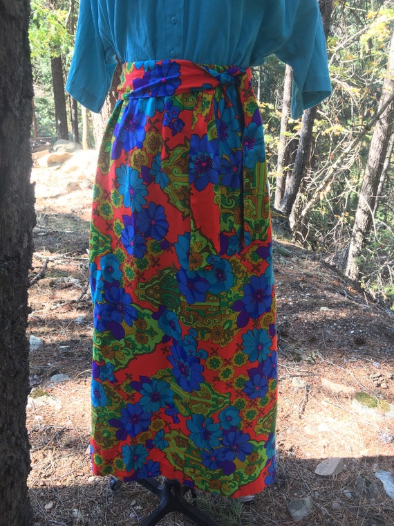 Vintage 70s Neon Psychedelic Maxi Skirt Floral As… - image 5