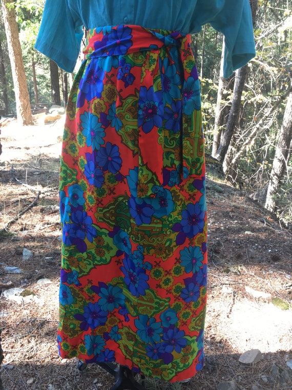 Vintage 70s Neon Psychedelic Maxi Skirt Floral As… - image 8