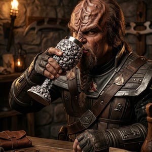 May include: A chalice covered in small white skulls with a metallic rim, held by a person with a ridged forehead wearing brown leather armor and fingerless gloves. A wooden sign on the table reads Etsy - Handmade Skull Chalice.