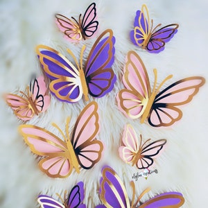 Goud Roze lavendelpapier Vlinder, 2D vlinders, gelaagde vlinders, grote papieren vlinders, gigantische ballon vlinders, kinderkamer decor