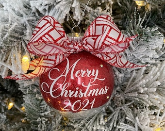 LARGE RED CHRISTMAS bauble, personalized Christmas ornament, personalized glittered baubles, custom Christmas red baubles with foil and bow
