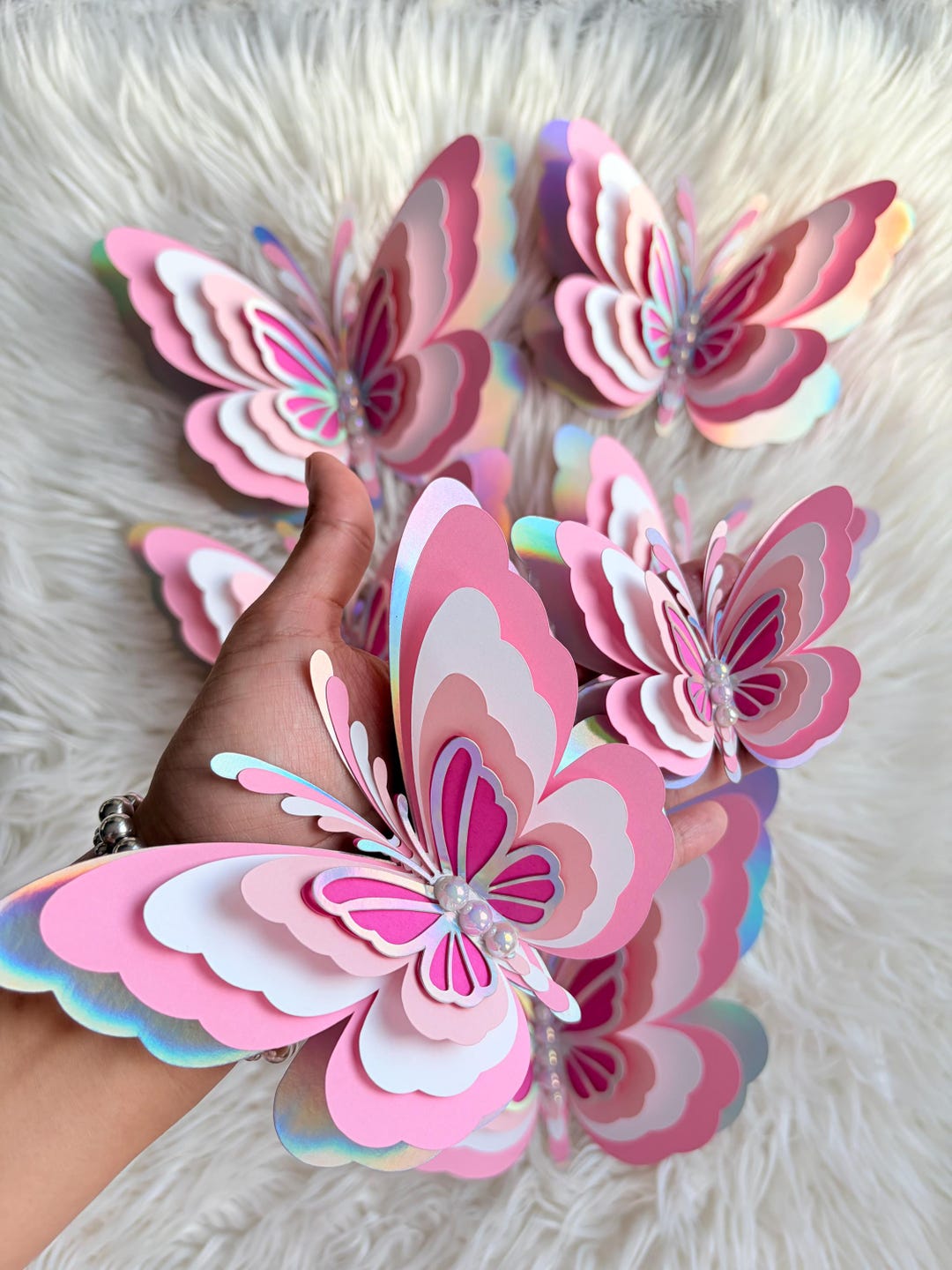 Pink and Holographic Butterfly Set With Pearl Embellishments, 5D ...
