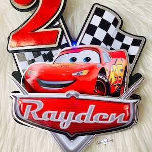 Cars Cake Topper, party decorations, fast car birthday theme, custom cake topper, shaker cake topper, cake topper with lights, black and red