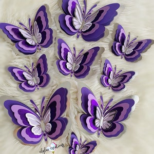 Purple and silver Paper Butterfly Set, 5D butterfly sets, layered butterflies, large paper butterflies, 3D butterflies, decoration butterfly