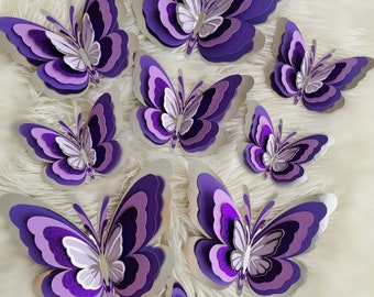 Purple and silver Paper Butterfly Set, 5D butterfly sets, layered butterflies, large paper butterflies, 3D butterflies, decoration butterfly