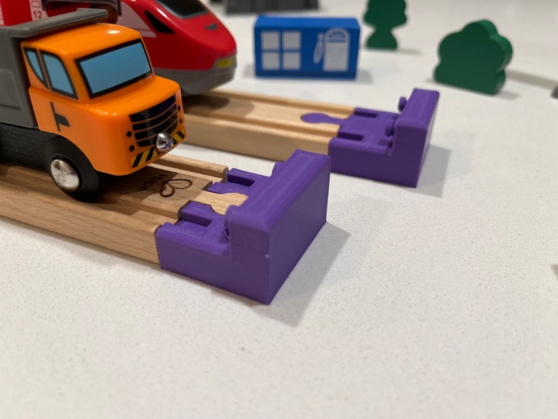 Buffer stops for wooden trains. Compatible with Brio and Thomas the Train.