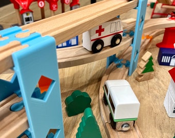 3 Level Wooden Train Supports (Set of 2) Compatible with Brio, Thomas the Train, and IKEA trains. Montessori Toy, pretend play