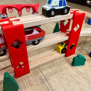 Deluxe 3-Tier Wooden Train Supports for Thomas the Train, Brio, Melissa and Doug. Wooden Train accessories for Thomas the Train and Brio.