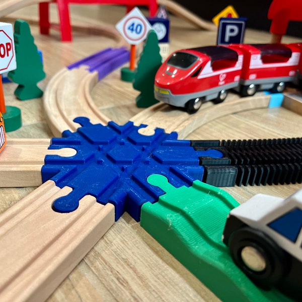 6 Way Crossing for Wooden Train Track. Compatible with Brio, Thomas the Train, Hape, and IKEA Trains. Montessori Toys for Kids, Pretend play