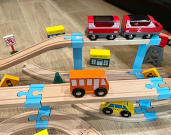 Wooden Train Supports (Set of 4, 2 short and 2 tall) Compatible with Brio, Thomas the Train, and IKEA trains. Montessori Toy, pretend play