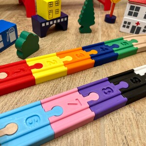 Learning numbers Wooden Train Tracks. Compatible with Brio, Thomas the Train, IKEA, and Hape Trains. Montessori Toy for kids, pretend play