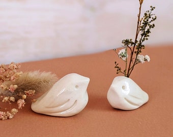 Oiseau en céramique, pique-fleurs en grès, à poser pour décorer un meuble ou étagère, soliflore à offrir / s'offrir pour une maison poétique