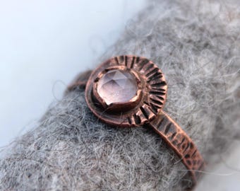 rosecut gemstone sky topaz copper ring, handmade hammered ring for november birth