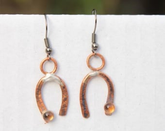 asymmetrical boho copper dangling earrings with citrin, artisan jewelry, - Boho-Ohrhänger aus Kupfer mit Sonnenstein