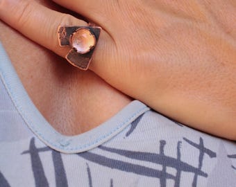 rosecut gemstone quartz copper ring, handmade hammered ring - rosecut Edelstein Quarz Kupfer Ring, handgefertigt gehämmert Ring