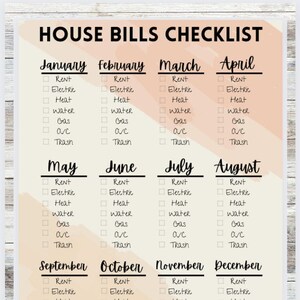 Editable & Printable Monthly House Bills Checklist/Renter&#39;s Monthly Checklist/House and Apartment Bills Tracker Sheet - Digital Download