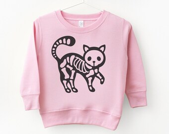 Black Cat Skeleton Toddler Sweatshirt, Skeleton Cat Infant Baby Sweatshirt, Cute Cat Skeleton Kids Halloween Sweater