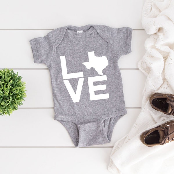 LOVE TEXAS INFANT Bodysuit, Houston, San Antonio, Dallas, Made In, Home, Texan Pride Proud Texas Love State Shape One Piece Baby Creeper