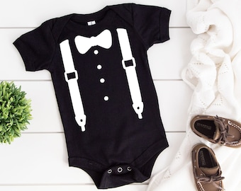 Bow tie and Suspenders Infant Bodysuit, Faux Bowtie One Piece Baby Creeper