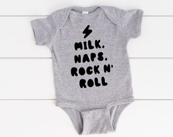 Milk Naps Rock Roll Novelty Babygrow Bodysuit Funny Gift Newborn 0-3-6-9 Months 