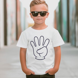 Cartoon Hände 4. Geburtstag Kleinkind T-Shirt, weiße Handschuhe Ich bin diese vielen 4, vier Finger, vier Jahre alt Unisex kleine Kinder Shirt