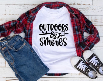 Outdoors and S'mores Kids T-Shirt, Camping Unisex Tee