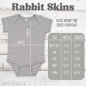 May include: Gray infant bodysuit with size chart showing measurements in inches. The chart includes sizes NB 0-3M, 6M, 12M, 18M, and 24M. The text "4400 Infant Fine Jersey Bodysuit" is printed on the right side of the image.