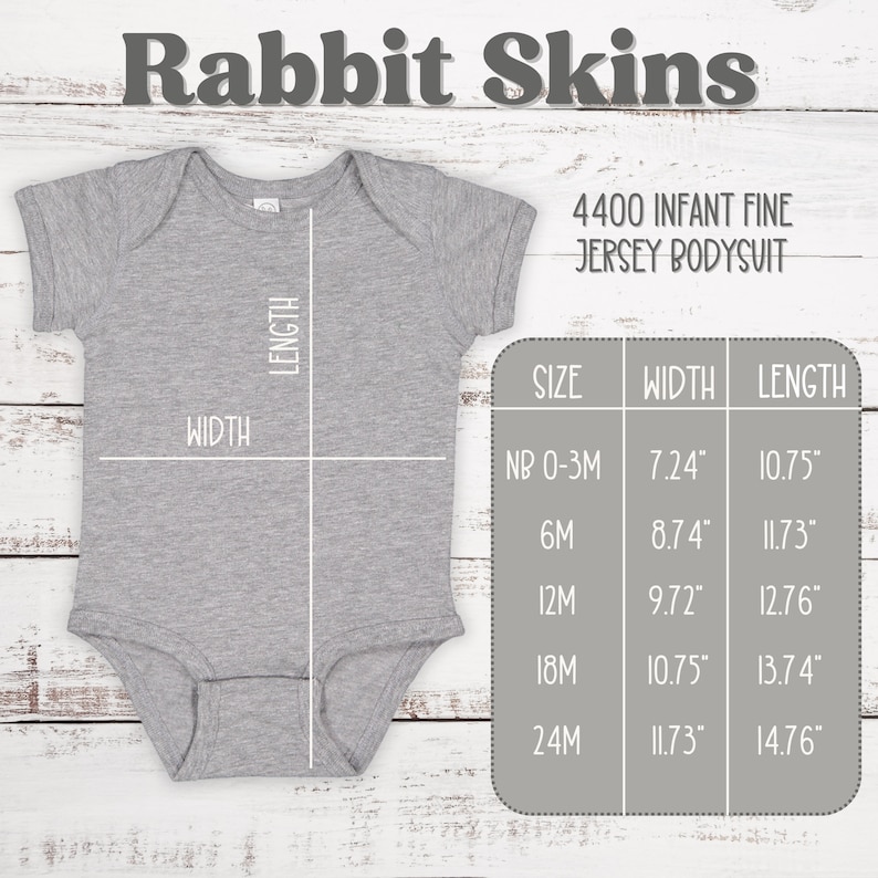 May include: Gray infant bodysuit with size chart showing measurements in inches. The chart includes sizes NB 0-3M, 6M, 12M, 18M, and 24M. The text "4400 Infant Fine Jersey Bodysuit" is printed on the right side of the image.