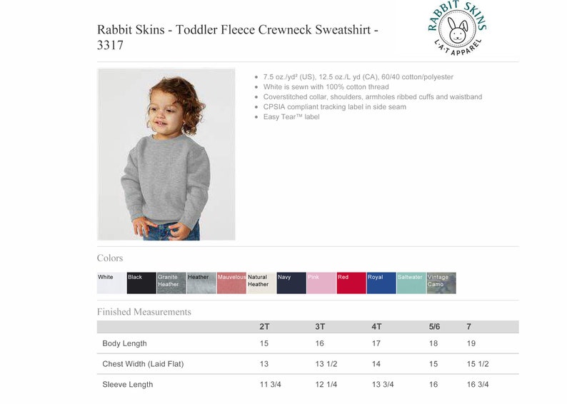 Op de afbeelding: Een grijs fleece crewneck sweatshirt voor peuters met een maattabel die de afmetingen in inches aangeeft. De trui is verkrijgbaar in verschillende kleuren, waaronder wit, zwart, grijs en rood.