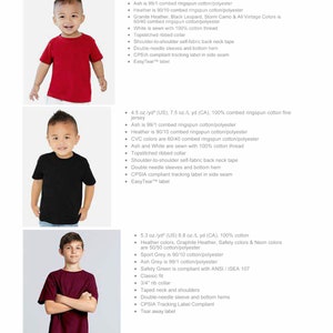 May include: Three different sizes of t-shirts in various colors. The t-shirts are made of 100% combed ringspun cotton. The t-shirts have a classic fit and a 3/4" rib collar. The t-shirts are available in sizes for children and adults. The t-shirts are made in the USA and Canada. The t-shirts are CPSIA compliant.