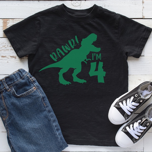 RAWR I'm FOUR Birthday Shirt, T-shirt 4e anniversaire, 4 ans, T-shirt unisexe à manches courtes pour enfants, Chemise thème dinosaure quatrième anniversaire