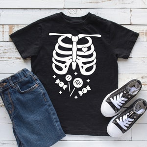 Candy Belly Skeleton Kids T-Shirt: Funny Halloween Costume