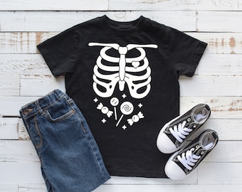 Candy Belly Skeleton Kids T-Shirt: Funny Halloween Costume