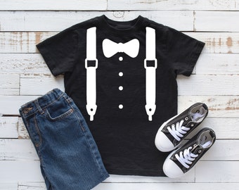 Bow tie and Suspenders Kids Shirt, Toddler, Infant or Youth T-shirt, Boys, Girls, Children's Unisex Tshirt, Faux Bowtie Tux Kids T Shirt