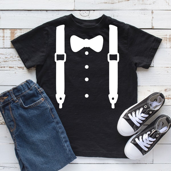 Bow tie and Suspenders Kids Shirt, Toddler, Infant or Youth T-shirt, Boys, Girls, Children's Unisex Tshirt, Faux Bowtie Tux Kids T Shirt