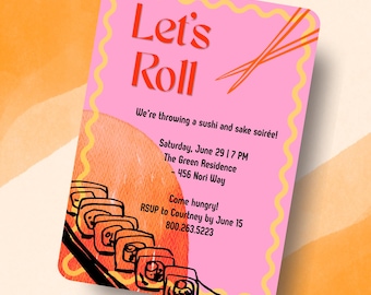 Convite para festa Let's Roll Sushi - Jantar - Modelo editável do Canva - Convite para impressão com download instantâneo
