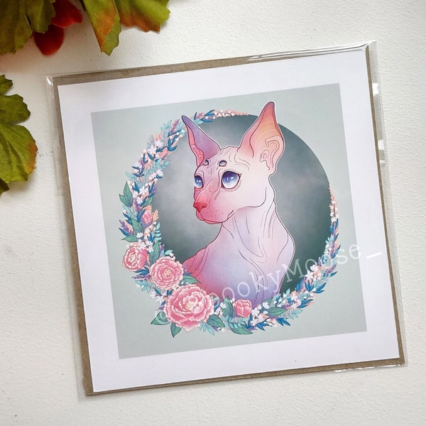 Sphynx Cat and Floral Print | Botanical Illustration | Pastel Goth Decor Wall Art  | Spooky Cute Painting | Spring Witch Aesthetic | Cat Art