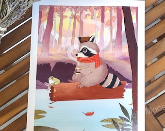 The Morning Commute | Cute Raccoon art print | Cottagecore Decor | Cute Frog | Nature artwork| Whimsical Childrens illustration | Colorful