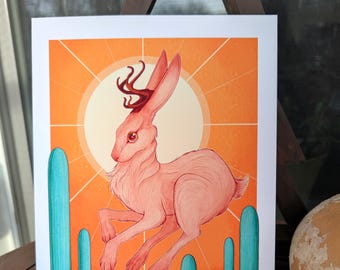 Jackalope Art Print | Cryptid illustration | Colorful western themed decor | geometric nature art | North American Myths and legends |