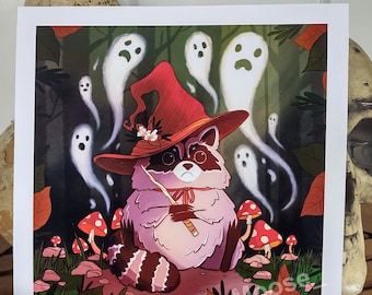 Raccoon Witch art print | Creepy cute | Witchy Vibes | Ghosts | adorable raccoon | spooky cute cottagecore | Halloween decor | trash panda