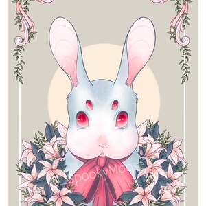 May include: A white rabbit with pink ears and red eyes wears a red bow tie. The rabbit is surrounded by white flowers with green leaves. The background is a light gray with a white frame and floral accents.