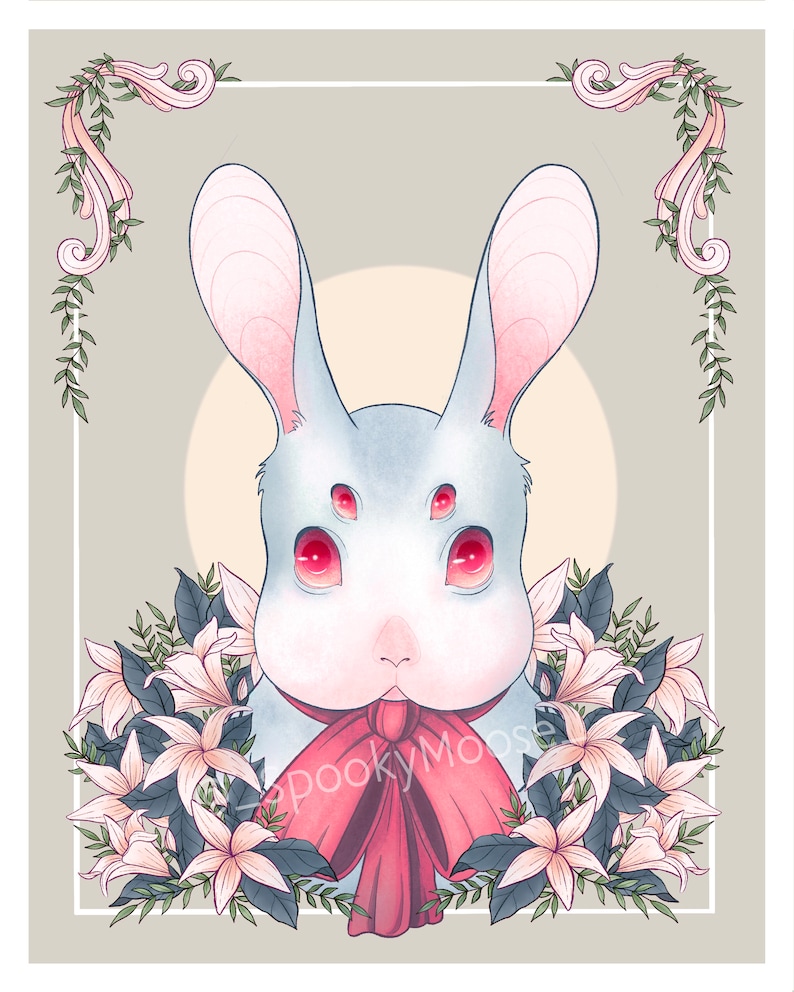 May include: A white rabbit with pink ears and red eyes wears a red bow tie. The rabbit is surrounded by white flowers with green leaves. The background is a light gray with a white frame and floral accents.