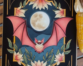 Bats in the Magnolias art print | Botanical Illustration | Nocturnal Pollinators | Goth Decor | Creepy Cute Painting |  Cottagecore Witch
