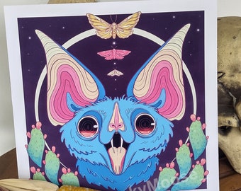 Leaf Nosed Bat Wall Art | Kawaii Bat Print | Pastel Goth Decor | Witch Aesthetic | Spooky cute Nature | Goblincore Art | Trippy colorful