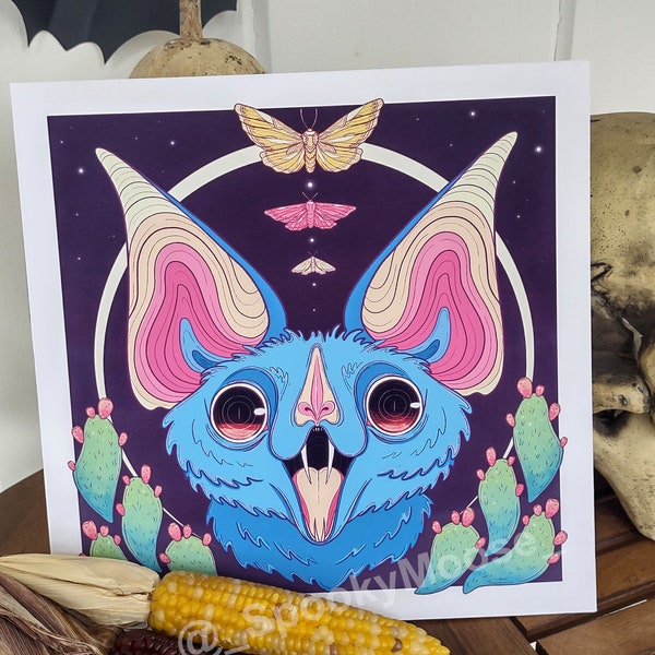 Leaf Nosed Bat Wall Art | Kawaii Bat Print | Pastel Goth Decor | Witch Aesthetic | Spooky cute Nature | Goblincore Art | Trippy colorful