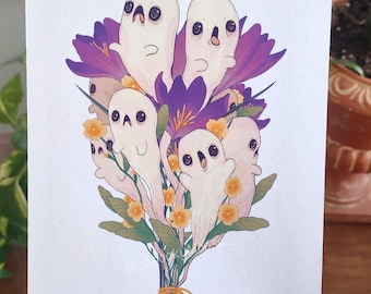 BOO-quet Art Print | Cute ghost illustration | Pastel Goth Decor | Botanical art | Cottagecore aesthetic | flower art | Spooky cute Spring