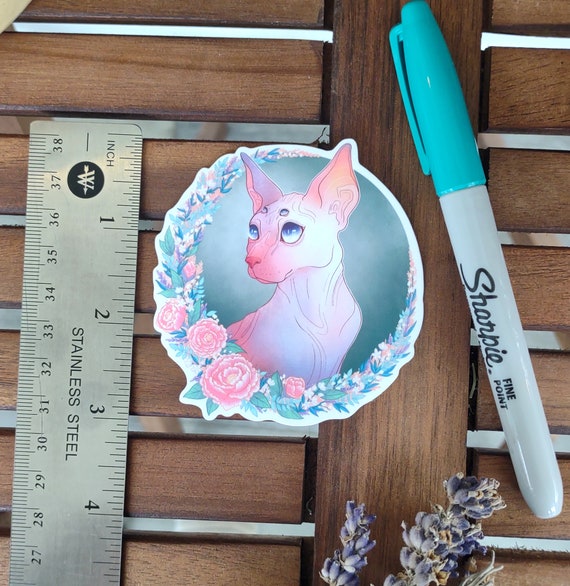 Spooky Spring Sphynx Cat Vinyl Sticker | Creepy cute | Witchy Vibes | Gifts for her | Flowers | Botanical Illustration | Pastel Goth Decor