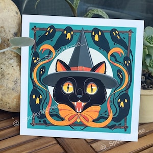 Halloween Black Cat Witch Print | Retro Vintage Halloween Vibes | Mid Century decor | Creepy Cute Ghosts Art | Samhain | Witchy Goth Decor