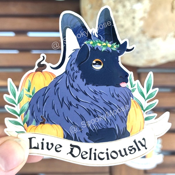 Black Goat Vinyl Stickers | Live Deliciously | Round Black Phillip | Creepy Cute art | Goth Decor | Hail Yourself | Witch Aesthetic Samhain