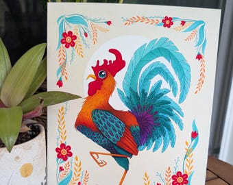 Colorful Rooster Art Print | North American Folk Art | Farmhouse Decor | Human Made illustration | Whimsical animal art